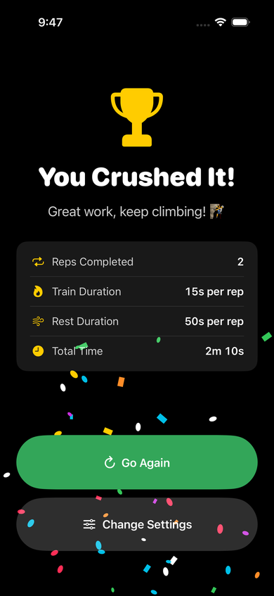 Climbr Strength workout complete — session stats showing total hang time and reps