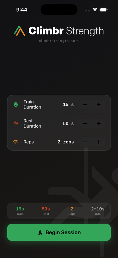 Climbr Strength hangboard timer config screen — set train duration, rest duration, and reps