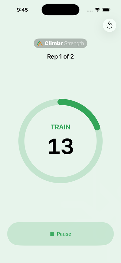 Climbr Strength finger strength timer — active hangboard training with ring progress and countdown